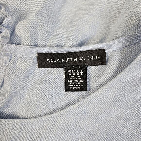 Saks Fifth Avenue Linen Peplum Top Short Sleeve Pale Blue Tie Back Size Medium - Picture 3 of 5